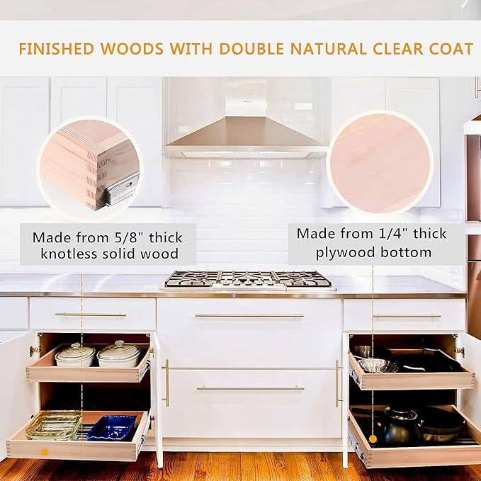 Mulush 23”W x 21”D x 3”H Soft Close Slide Out Wood Drawer Organizer for Kitchen, Bottom and Side Assembly (Cabinet Opening>23.5 inches for Bottom Assembly, Opening= 23 inches for Side Assembly)
