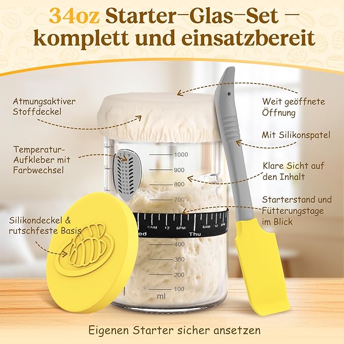 Sourdough Starter Kit with Cotton Rope Banneton Basket & Jar, Bread Baking Supplies and Tools Set, Complete Sourdough Bread Making Kit, Baking Gift for Women Moms & Beginners