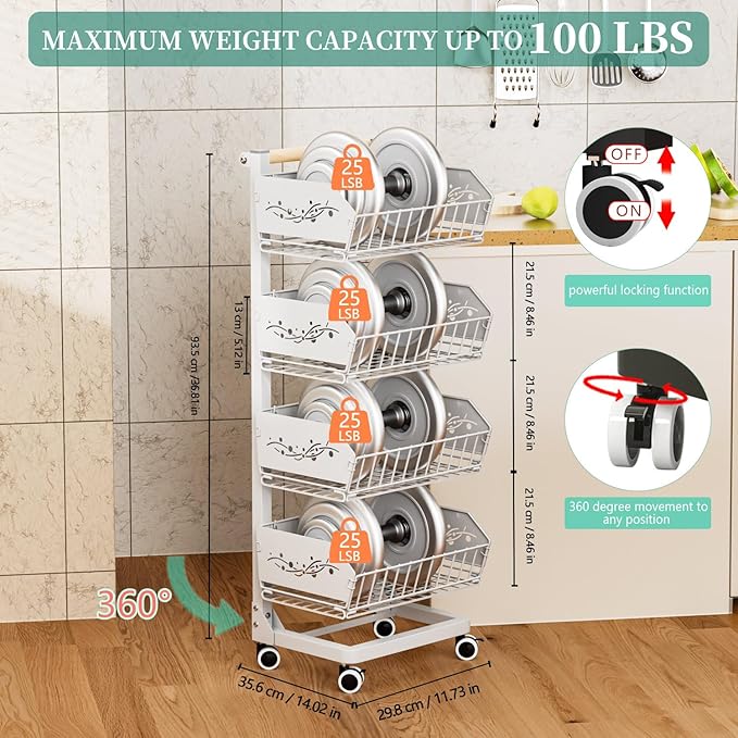 Heavy 4-Tier Snack Cart with Wheels ，Removable Rolling Pantry Floor Organizers ，Upgraded Wider and Thicker, Kitchen Fruit Basket Stand and Storage Rack for Fruit Snack Onion Potato
