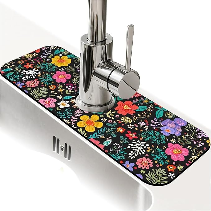 Kitchen Sink Splash Guard，Colored flowers and leaves Faucet Mat Sink Gadgets-Super Absorbent Fast Drying Mat Drip Catcher for Kitchen, Bathroom,Sink Mat, Dish Drying Mat, Bathroom(15" X 5.5" )