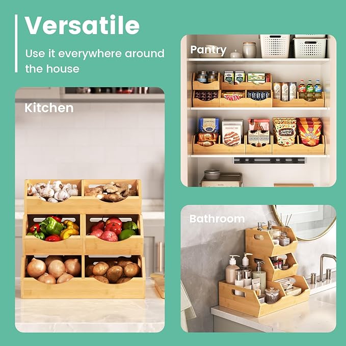 Potato Onion Storage Bins Natural Brown, 3 Tier Bamboo Pantry Storage Bin Stackable Ventilated Kitchen Organizer for Pantry, Countertop, Bathroom, Space-Saving, Easy Access Handle