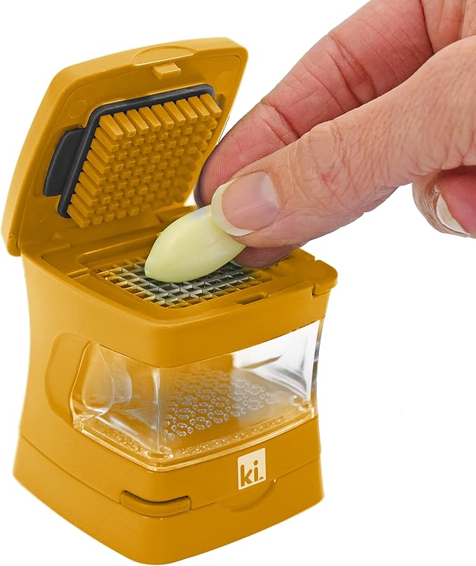 Kitchen Innovations Garlic-A-Peel Garlic Press, Crusher, Cutter, Mincer, and Storage Container - Includes Silicone Garlic Peeler - Easy to Clean - Stainless Steel Blades – (Honey), standard