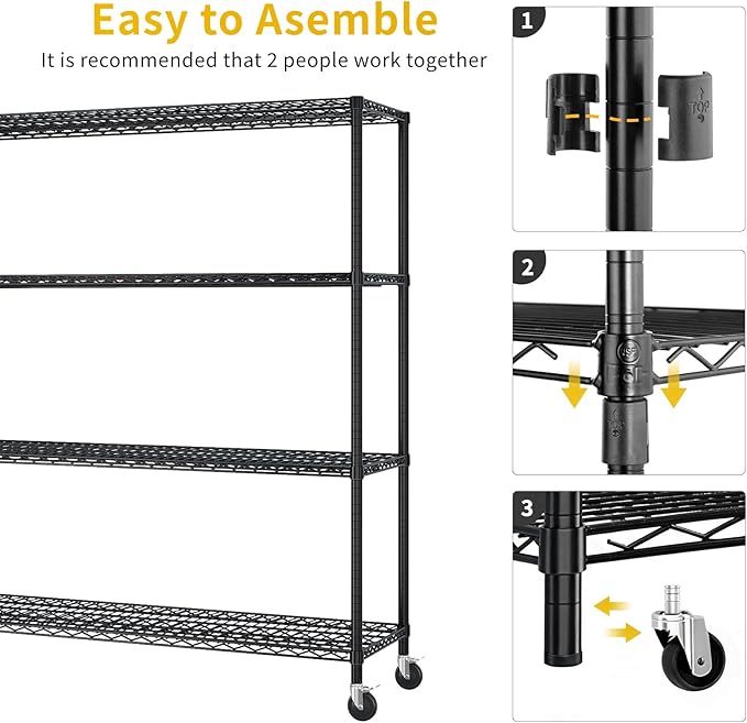 Karl home 4-Tier Metal Storage Shelves, Adjustable Wire Shelving Unit with Wheels & Leveling Feet, Heavy Duty Garage Shelving, Pantry & Kitchen Display Shelf Organizer, Home Storage Rack
