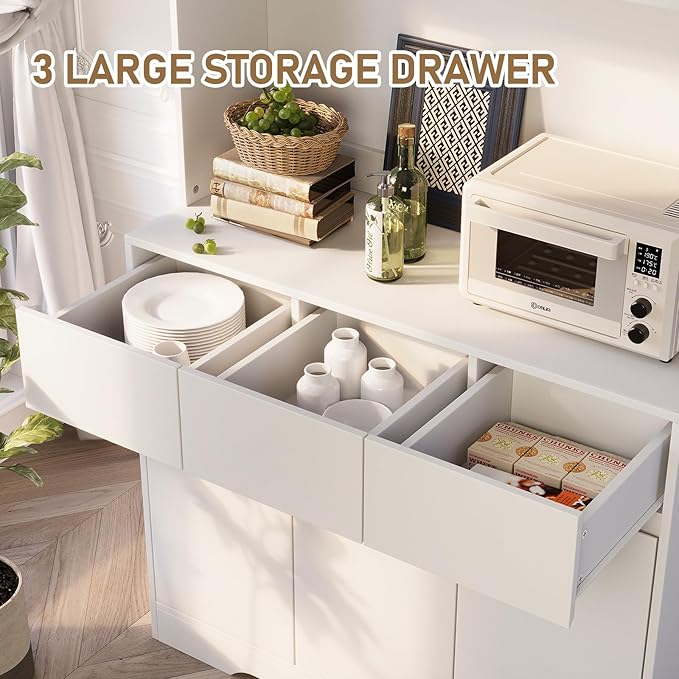 71" Pantry Cabinet with Charging Station and LED Lights, Tall Kitchen Pantry Storage Cabinet with Microwave Stand, Modern Hutch with Storage Drawers for Dining Room, Living Room, White