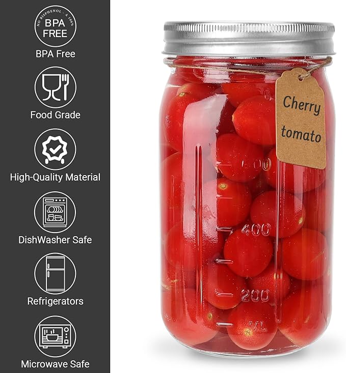CycleMore Wide Mouth Mason Jars 32 oz, 12 Pack Large Glass Mason Jar with Metal Airtight Lids and Bands, 1 Quart Canning Jars for Pickling, Fermenting, Food Storage & DIY Projects