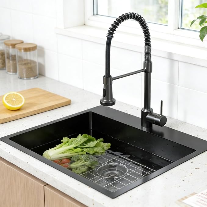 25 x 22 Inch Black Kitchen Sink, Topmount Drop In Stainless Steel Single Bowl Kitchen Sink, 16 Gauge Extra-Thick Modern Bar Prep RV Laundry Sinks with Dish Grid and Basket Strainer