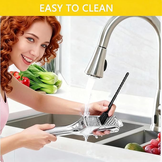 Garlic Press and Slicer 2 in 1, Rust Proof & Dishwasher Safe Professional Garlic Mincer Tool, Effortlessly Crush and Mince Garlic with this Ergonomic Handle-Garlic Slicer & Brush ANCQMI(Pear white)