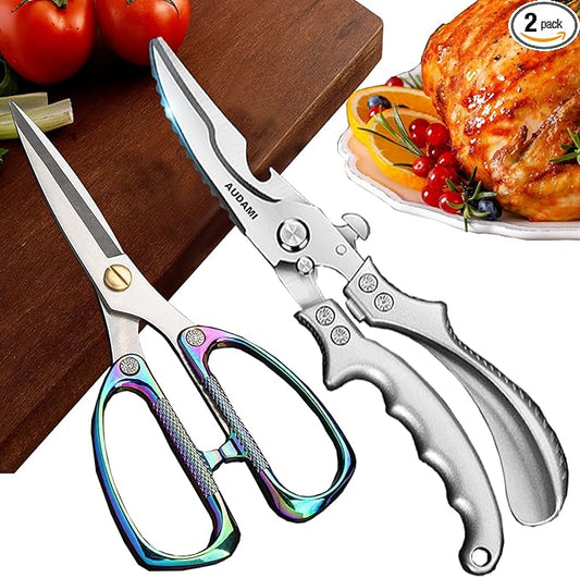 AUDAMI 2-Piece Kitchen Shears Set, Heavy Duty Professional Poultry Meat Scissors,Multi-Purpose Stainless Steel, Dishwasher Safe