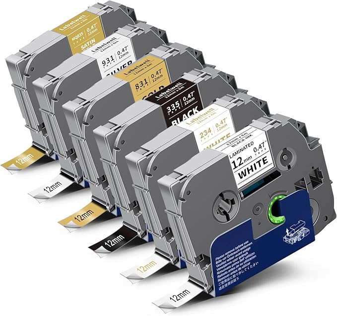 Labelwell 6-Pack Compatible TZe Label Tape 12mm 0.47 Inch Laminated Multi-Color TZ TZe-231 234 335 831 931 MQ835 TZe231 for PT-H110 D200 D210 D220 Label Maker, White/Gold/Sliver/Black
