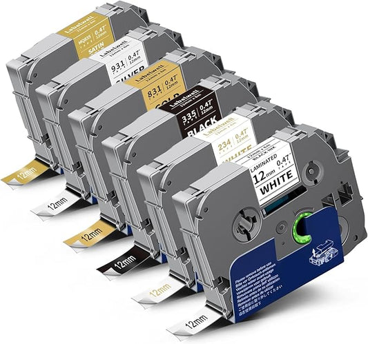 Labelwell 6-Pack Compatible TZe Label Tape 12mm 0.47 Inch Laminated Multi-Color TZ TZe-231 234 335 831 931 MQ835 TZe231 for PT-H110 D200 D210 D220 Label Maker, White/Gold/Sliver/Black