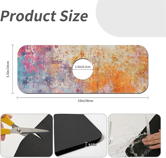 Kitchen Sink Splash Guard，Orange and pink graffiti Faucet Mat Sink Gadgets-Super Absorbent Fast Drying Mat Drip Catcher for Kitchen, Bathroom,Sink Mat, Dish Drying Mat, Bathroom(15" X 5.5" )