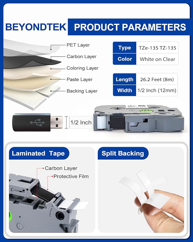 TZe-135 Compatible for Brother P Touch Label Maker Tape White on Clear 12mm 0.47 Inch Laminated TZ TZe Tape for Brother PTouch Label Maker TZ135 for PT-D210 PT-H100 PTD400AD PT-P700 PTD600