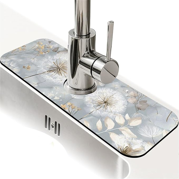 Kitchen Sink Splash Guard，Dandelion and wildflower Faucet Mat Sink Gadgets-Super Absorbent Fast Drying Mat Drip Catcher for Kitchen, Bathroom,Sink Mat, Dish Drying Mat, Bathroom(15" X 5.5" )