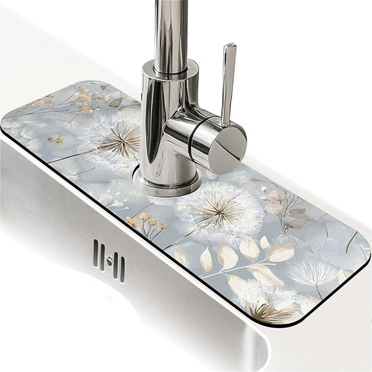 Kitchen Sink Splash Guard，Dandelion and wildflower Faucet Mat Sink Gadgets-Super Absorbent Fast Drying Mat Drip Catcher for Kitchen, Bathroom,Sink Mat, Dish Drying Mat, Bathroom(15" X 5.5" )