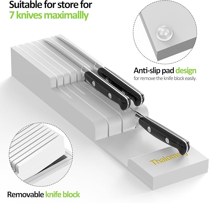 Thalomely Bamboo Kitchen Drawer Organizer, Expandable Silverware Organizer with Removable Knife Block, 6-8 Slots- Utensil Holder & Cutlery Tray Drawer Dividers, 2.36" Deep for Extra Capacity, White
