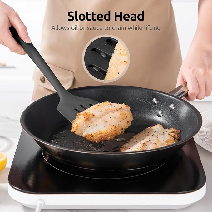 600ºF Heat Resistant Silicone Turner: U-Taste 13.6in Long Solid & Slotted Thick Kitchen Spatula Flipper, Large Flexible Cooking Utensil for Flipping Egg in Nonstick Cookware (Classic Black, 2PCS)