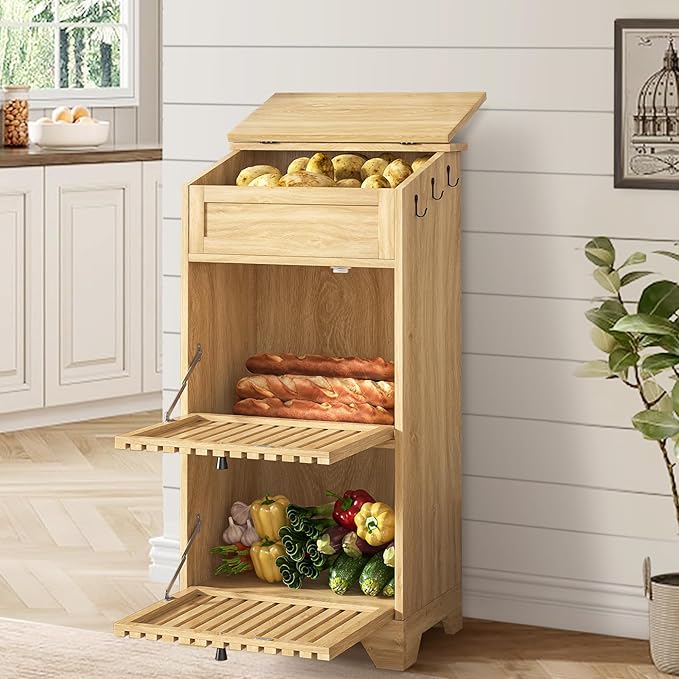 Potato Storage Bins, Farmhouse Wood Potato and Onion Storage Bins, Fruit and Vegetable Box, Food Small Kitchen Pantry Cabinet for Snack, Boho Large Wooden Bread Box, Magnetic Flip-top, 3 Tier