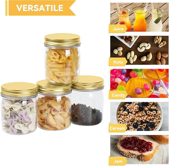 novelinks 8 oz Clear Plastic Jars with Airtight Lids, 24 Pack Plastic Mason Jars with Lids 8oz, Refillable Storage Slime Containers & Small Spice Jar for Kitchen Organization (24 Pack,Gold)