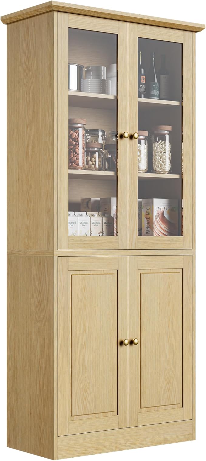 71" Kitchen Pantry Cabinet with Glass Doors, Modern Coffee Bar Storage Cabinet with Adjustable Shelves & Wooden Doors, Freestanding Cupboard for Dining Room or Living Room, Natural Wood