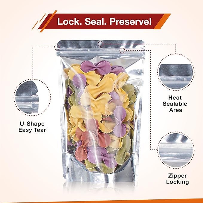 BELLE KR® 5x8 Mylar Bags with Window Stand Up - Pack Of 100, 7.5mil Thick - Clear Front Pint Mylar Bags for Food Storage and Freeze Dried Candy - Bonus Labels Included