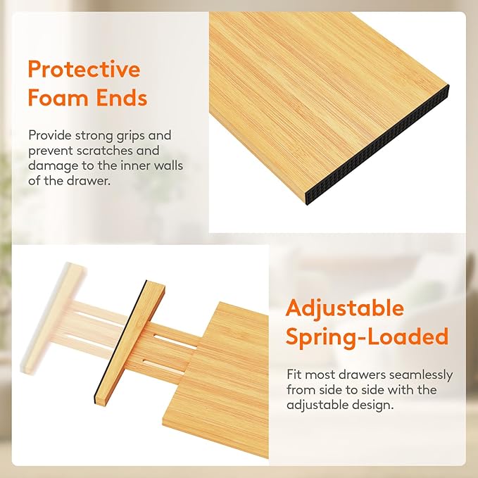 Lifewit 8 Pack 6" Deep Bamboo Drawer Dividers, 13-16.5" Expandable Drawer Organisers for Clothes, Adjustable Dresser Drawer Divider, Clothing Drawers Separators for Dresser, Bedroom, Bathroom, Office