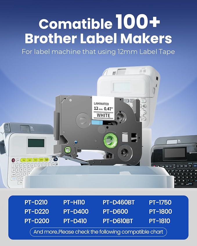 Colorty Compatible with Brother P-Touch Label Tape TZe-231 TZ TZe 12mm 0.47 Laminated White Label Maker Tape 1/2" TZE231 for PT-D210 D220 H110 D410 D610BT H111 Cube 1880 Refill, Black on White, 6-Pack