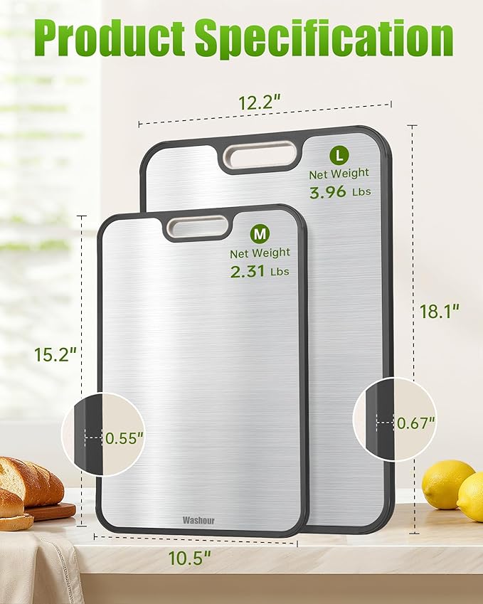 Washour Titanium Cutting Boards for Kitchen, Non Toxic 2-in-1 Cutting Board Double Sided, Chopping Boards Set for Fresh Meat Vegetable, Easy to Clean Large Size (18”+16”) Set of 2