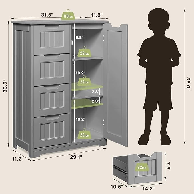 Gizoon Small Kitchen Pantry with Door and Shelves, 33'' Pantry Cabinet Freestanding Wooden Bathroom Storage Cabinet with 4 Drawers for Kitchen and Dining Room, Gray