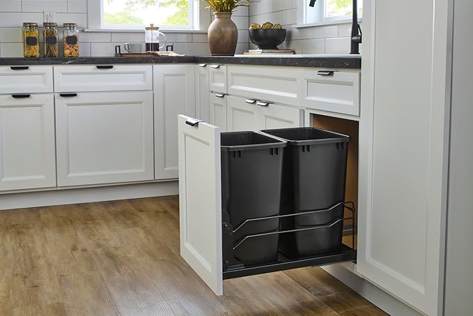 Rev-A-Shelf 35 Qt Double Pullout Under Cabinet Kitchen Trash Cans w/Soft-Close, for 18” Base Cabinets, Black, 53WC-1835SCDM-218 - Container Bins for Waste Management