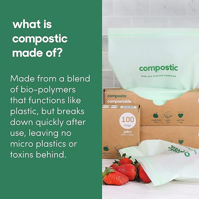 Compostic Home Compostable Resealable Gallon Bags, Microwave & Freezer Safe, Organic Food Storage Container, 60 Count