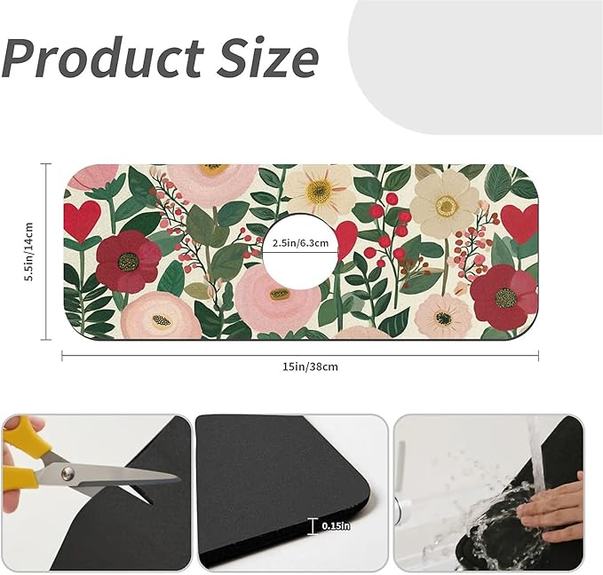 Kitchen Sink Splash Guard，Sweet flowers Faucet Mat Sink Gadgets-Super Absorbent Fast Drying Mat Drip Catcher for Kitchen, Bathroom,Sink Mat, Dish Drying Mat, Bathroom(15" X 5.5" )