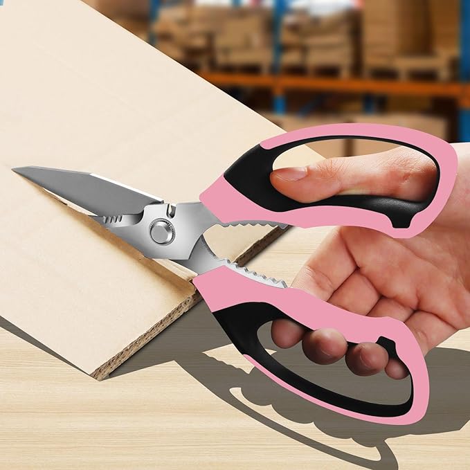 BoFuYuan 8-Inch Utility Scissors All Purpose Heavy Duty, Serrated Blade, Pink Comfort Grip for Cutting Carpet, Cardboard, Leather, Fabric, Multipurpose Sharp Shears for Kitchen, Garden, Office, Carft