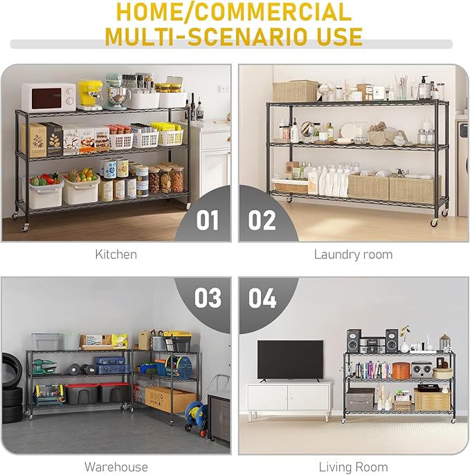 VINGLI 3 Tier Metal Storage Shelves 41''H Wire Shelving with Wheels for Storage Adjustable Heavy Duty Garage Shelving Storage Racks for Pantry Shelves Kitchen Office Garage, 41''H X46''W X17''D