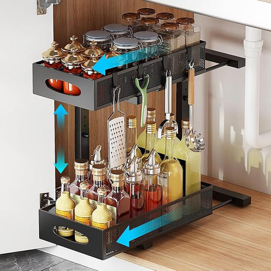 WROBTLD Under Sink Organizer, 2-Tier Pull Out Cabinet Organizer with Adjustable Height, Use in Kitchen Bathroom Cabinet and Countertop Storage, Black