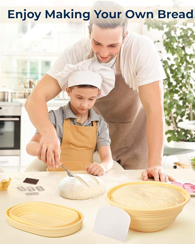 Lorzon Silicone Banneton Bread Proofing Baskets Set of 2, 9" Round & 10" Oval Foldable Sourdough Proofing Baskets with Sourdough Bread Baking Supplies, Including Bread Lame, Dough Scraper