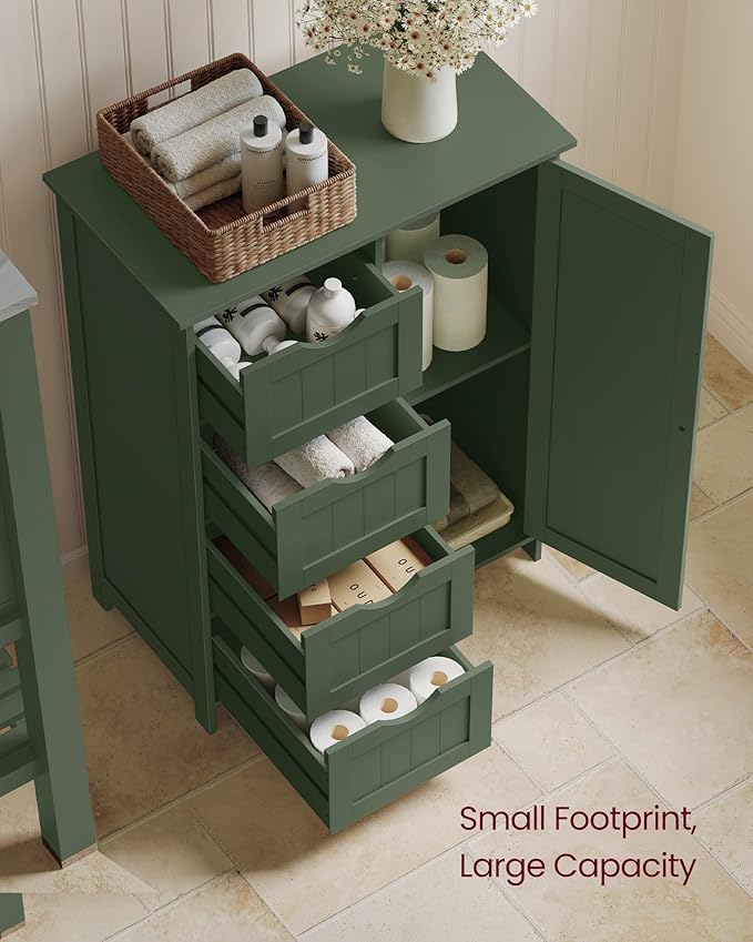 VASAGLE Storage Cabinet with Drawers, Freestanding Floor Cabinet with Door, 11.8 x 21.7 x 32.3 Inches, Adjustable Shelf, for Bathroom, Living Room, Kitchen, Sage Green ULHC041CH01S
