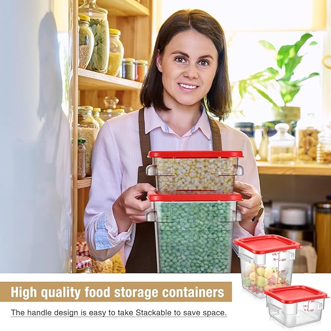 Suclain 2 Pcs Square Food Storage Container Polycarbonate Clear Food Container with Lid Commercial Rice Storage with Graduations for Commercial Kitchen(2 Qt,4 Qt,Red)