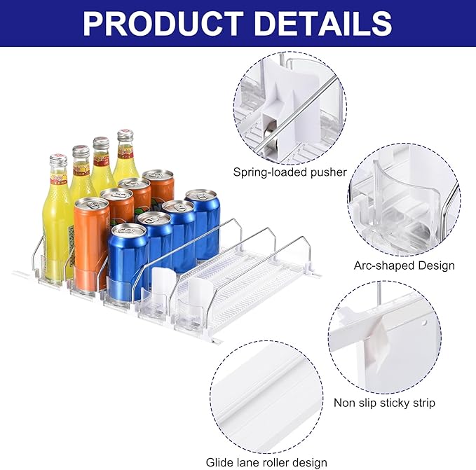 uxcell 6pcs Soda Can Organizer for Refrigerator, Self-Pushing Drink Organizer for Fridge, Width Adjustable Drink Dispenser Beverage Pusher For Pantry Vending Machine, White