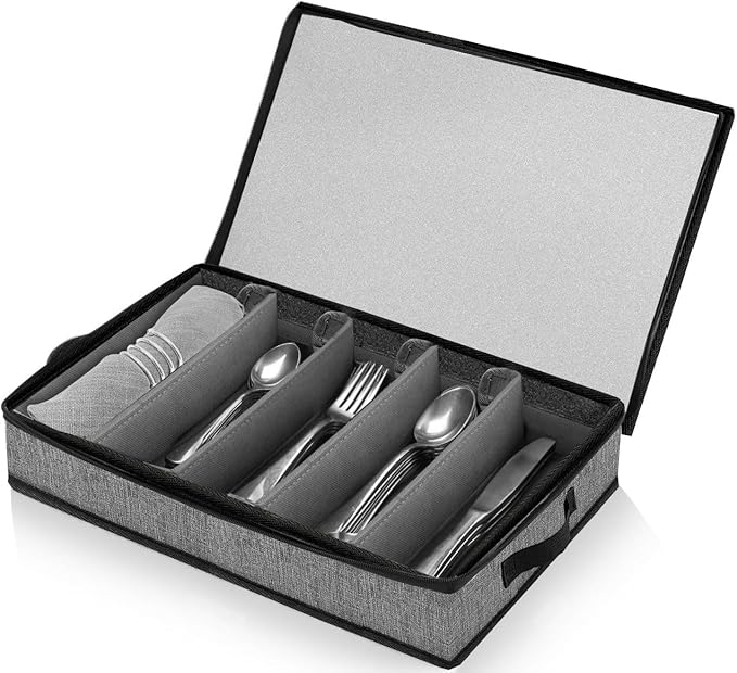Silverware Organizer Chest,Silverware Storage Box,Stackable Flatware Storage Case,Spoon Organizer,Tableware Storage Box With 4 Dividers for Moving Transport,Kitchen Utensil cutlery Organizer