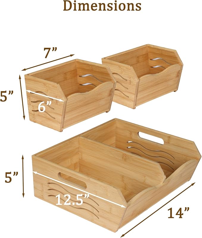 3 Pieces Bamboo Pantry Storage Bins, Stackable Pantry Baskets with Handle, Kitchen Potato and Onion Storage Bin, 2 Tiers Pantry Organizer for Produce, Fruits, Vegetable