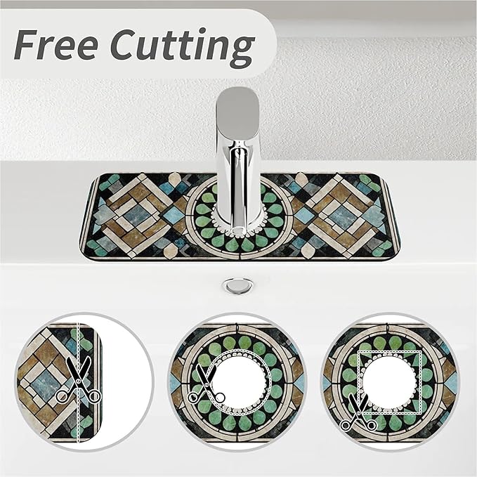 Kitchen Sink Splash Guard，Antique colored tiles Faucet Mat Sink Gadgets-Super Absorbent Fast Drying Mat Drip Catcher for Kitchen, Bathroom,Sink Mat, Dish Drying Mat, Bathroom(15" X 5.5" )