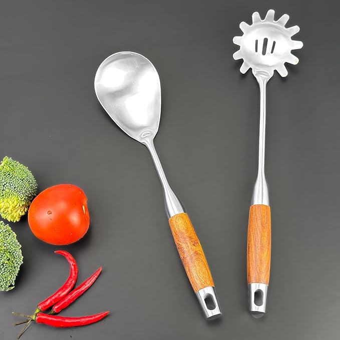 18/10 Stainless Steel Kitchen Utensils Set 6 Pcs Metal Cooking Utensil with Wood Handle, 15.5” Long Spatula, Soup spoon, Leaking shovel, Spaghetti Spoon Kitchen Tools Set (Wood handle - 6 Piece)