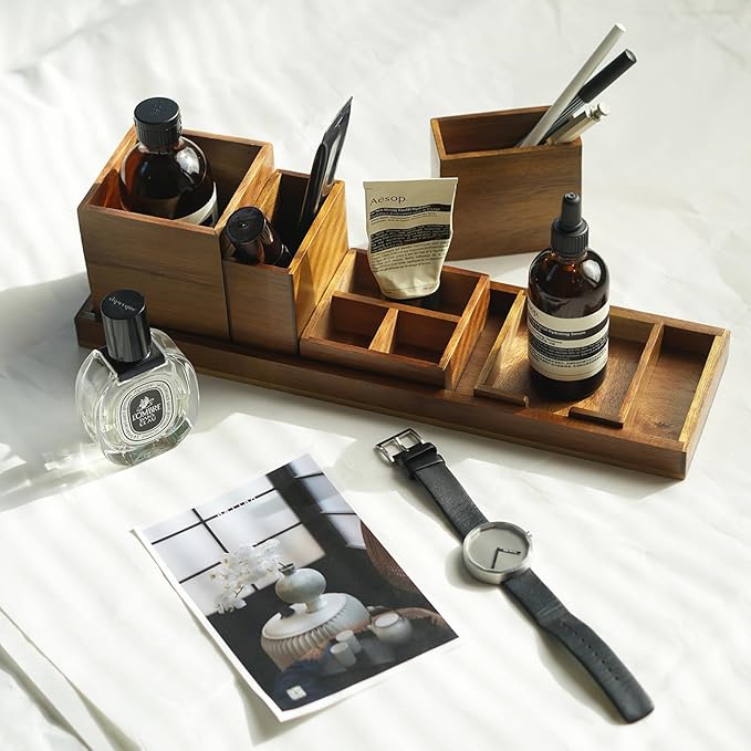 ROCDEER Wood Vanity Tray, 6-Piece Small Bathroom Counter Organizer Wooden Decorative Trays Rectangular Perfume Jewelry Makeup Cosmetic Holder Set - Holds Small Items