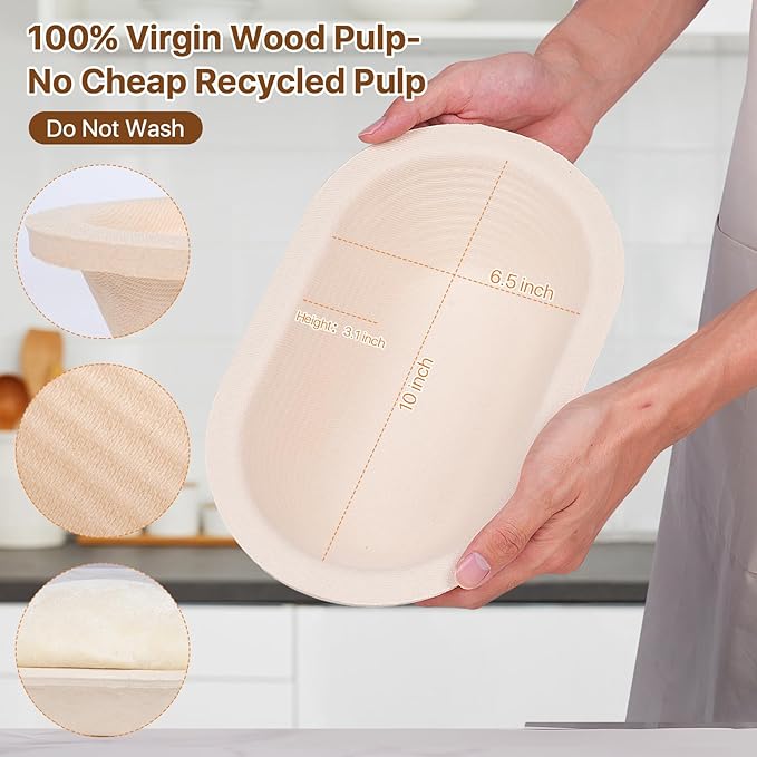 Non-Stick 10" Oval Wood Pulp Banneton Bread Proofing Basket Set Of 2, Sourdough Banneton Basket Kit, Bread Making Tool Sourdough Starter Kit with Proofing Bowl, Cover, Dough Whisk, Lame, Scraper