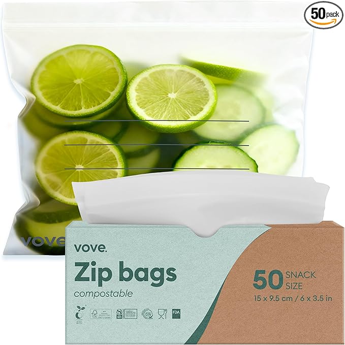 Vove Compostable Snack Bags 50 Ct – PFAS-Free, BPI Certified, Freezer Safe with Airtight Seal for Snacks & School Lunches, Plant-Based