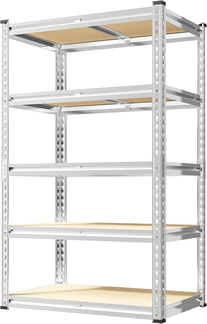 REIBII 2000LBS Storage Shelves 5 Tier Garage Shelving Heavy Duty Metal Shelving Adjustable Garage Shelves for Pantry Closet Kitchen Basement 28" W x 13.8" D x 59.8" H, Silver