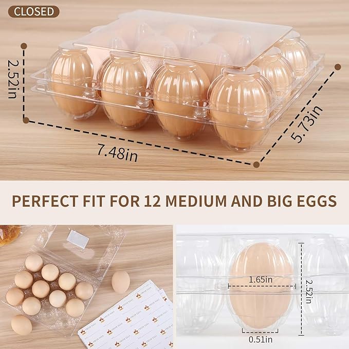 Egg Cartons 80 Pack,Clear Plastic Egg Cartons Cheap Bulk 12 Count For Fresh Chicken Eggs,4x3 Grids Reusable Egg Tray Holder For Refrigerator Storage, Family, Chicken Farm With Label Stickers