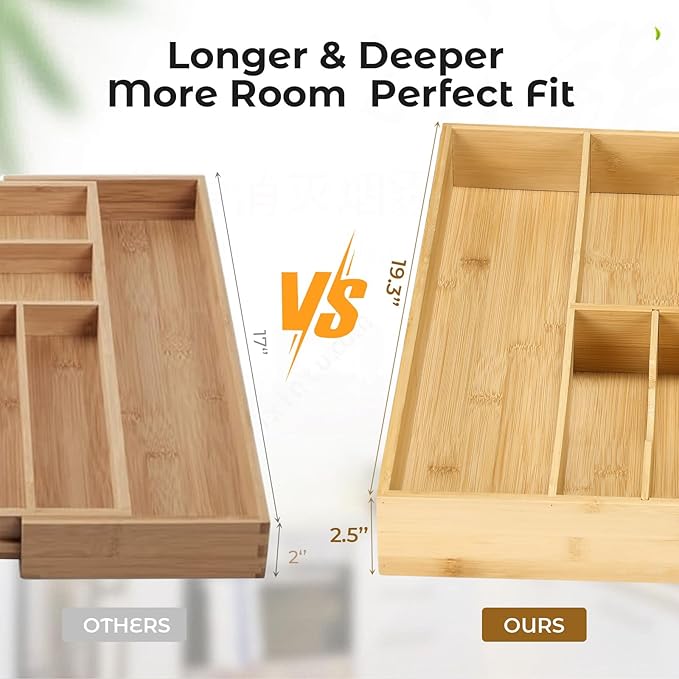 Fabsome Silverware Organizer for Kitchen Drawers, 2.5'' Deep 18.8'' Wide Bamboo Wood Flatware Tray with Deep Slots for Large Cutlery Utensil Drawer