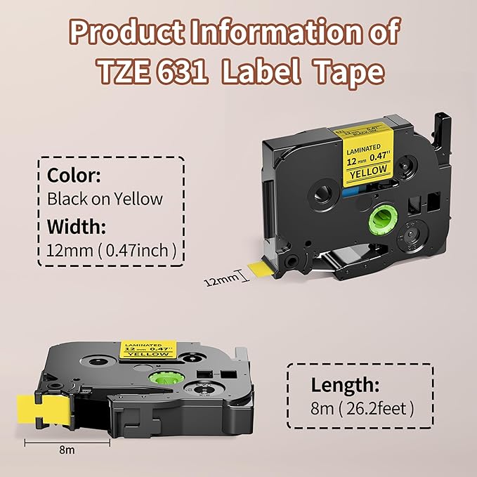 Replacement for Brother TZe-631 TZe631 TZe TZ Tape 12mm 0.47 Laminated Yellow P Touch Label Maker Tape, Compatible with Brother PT-D210 PT-H110 PT-D220 PT-D400 Label Makers, 4-Pack