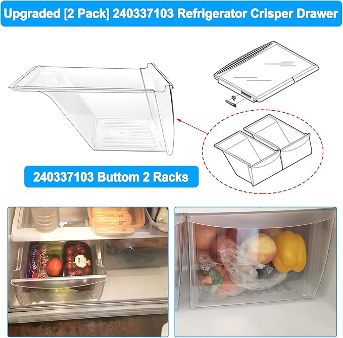 [2 PACK] Upgraded 240337103 Refrigerator Crisper Drawers Bins Compatible with Frigidaire Kenmore, Frigidaire Drawer Replacement for 240337100 AP2115741 240323007, Food-grade Materials